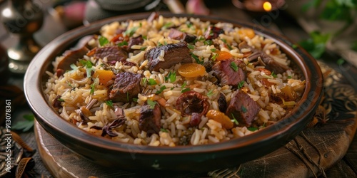 Pilaf Authentic Central Asian Dish with Rice Spices Lamb Dried Fruits and Garlic