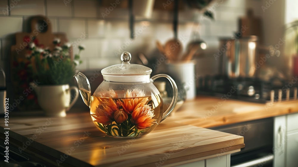 A Beautiful Glass Teapot With Colorful Flowers Steeping on a Wooden Kitchen Counter in the Morning Light A Beautiful Glass Teapot With Colorful Flowers Steeping on a Wooden Kitchen Counter in the Morning Light