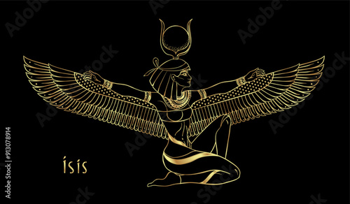 Isis, goddess of life and magic in Egyptian mythology. One of the greatest goddesses of Ancient Egypt, protects women, children, heals sick. Vector isolated illustration in gold over black. Winged