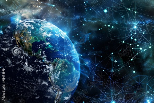 A blue planet with a network of lines surrounding it. The planet is the center of the image and the lines are the stars. Concept of wonder and awe at the vastness of the universe