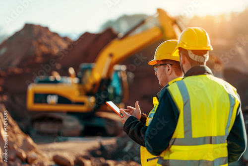 Two engineers dressed in safety clothing standing with tablets supervising the excavation of construction foundations. photo