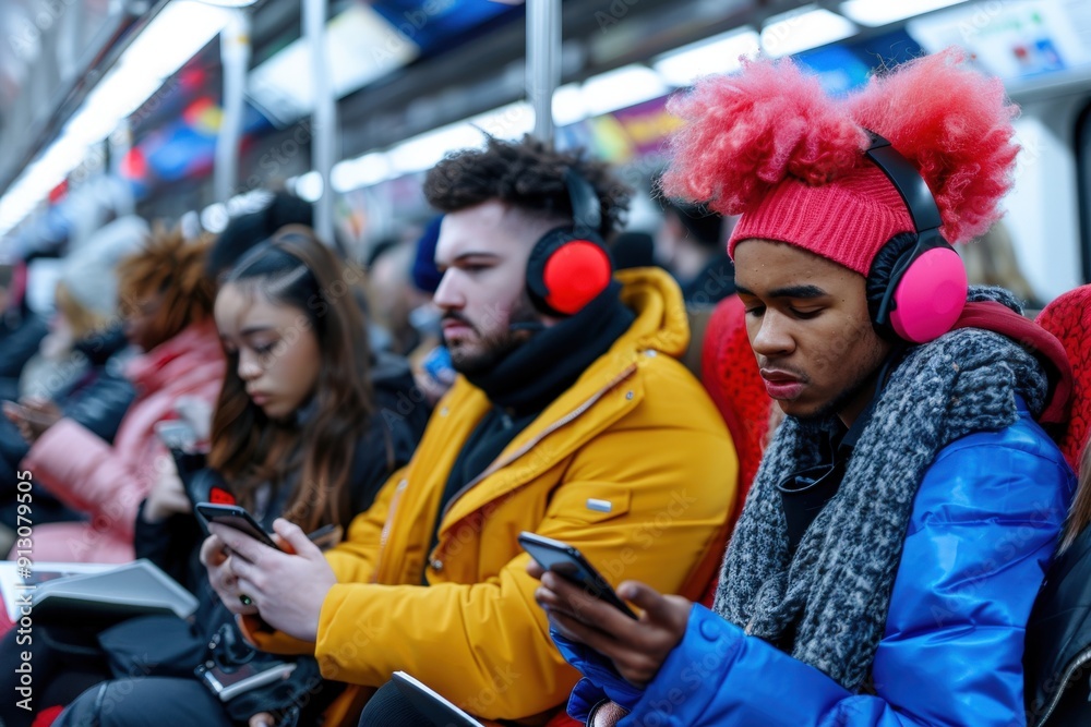 A snapshot of subway riders deeply engaged with their smartphones and music, showcasing the modern urban commuting scene with technology at its core. A snapshot of subway riders deeply engaged with their smartphones and music, showcasing the modern urban commuting scene with technology at its core.
