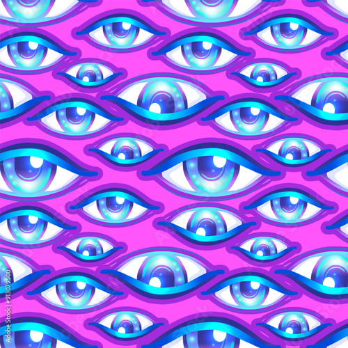 Eyes, seamless pattern over colorful dotted retro 80s, 90s abstract backgroun...