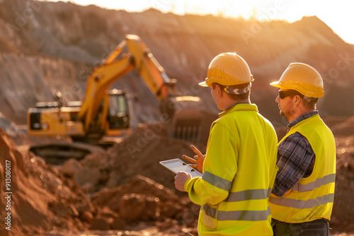Two engineers dressed in safety clothing standing with tablets supervising the excavation of construction foundations.