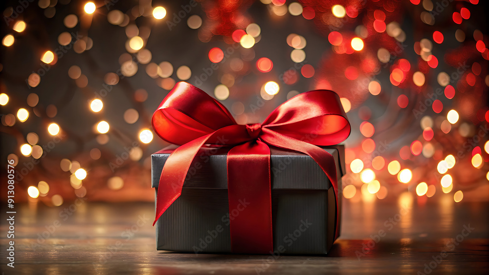 Elegant Gift Box Wrapped in Black Paper with a Red Ribbon Bow Against a Festive Background of Bokeh Lights and Red Glitter Elegant Gift Box Wrapped in Black Paper with a Red Ribbon Bow Against a Festive Background of Bokeh Lights and Red Glitter