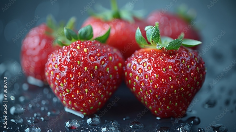 Close-Up of Fresh, Juicy Strawberries with Water Droplets on a Dark, Reflective Background Close-Up of Fresh, Juicy Strawberries with Water Droplets on a Dark, Reflective Background