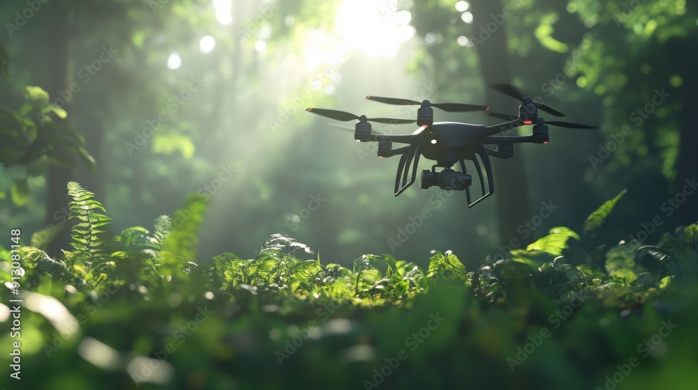 A drone hovers above vibrant green ferns, capturing the beauty of a sun-drenched forest in the early morning light