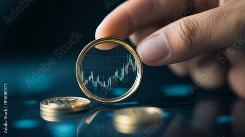 Hand holding coin with a financial growth graph, other coins on table Created with Generative AI.