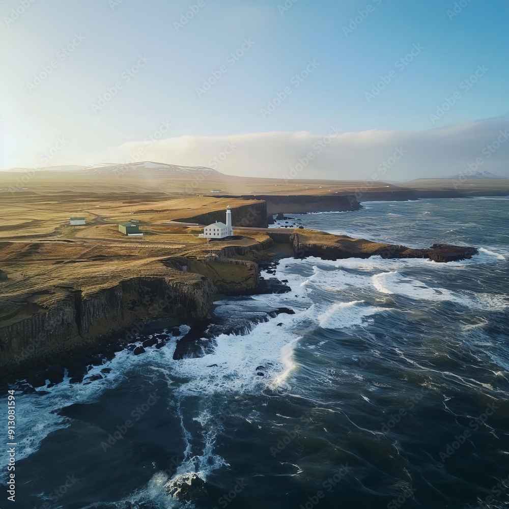 Aerial perspective of a lighthouse perched on the coast, with the ocean waves crashing against the rocky shore below. Aerial perspective of a lighthouse perched on the coast, with the ocean waves crashing against the rocky shore below.