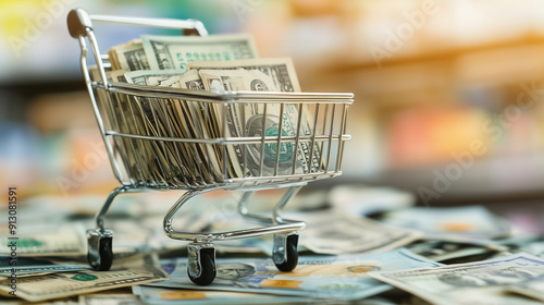 Miniature Shopping Cart: Cash Bills Overflow