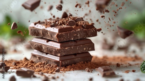 Stack of Dark Chocolate with Chocolate Chips and Cocoa Powder on a White Marble Surface photo