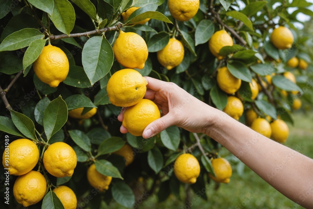 young woman's hand picking lemons, close view young woman's hand picking lemons, close view