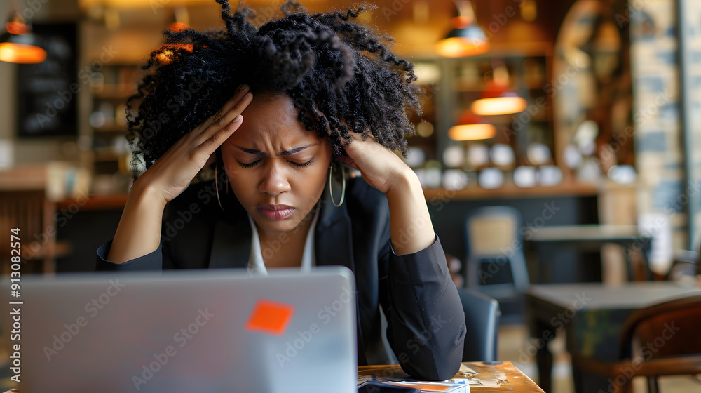 A young black woman in professional attire is sitting at a café table ...