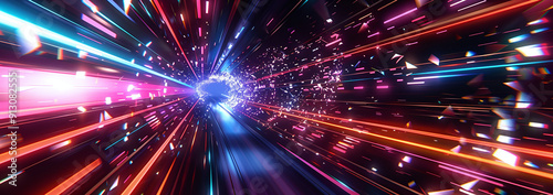 Dynamic Neon Light Tunnel with Vibrant Streaks and Sparks