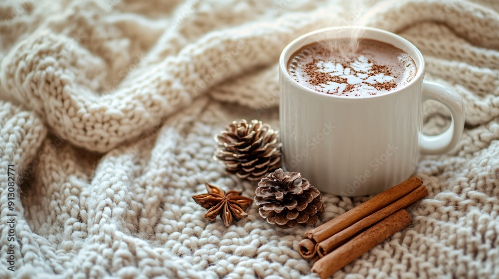 A cozy winter flat lay featuring a steaming cup of hot chocolate, a woolen scarf, cinnamon sticks, and pinecones on a knitted blanket, creating a warm and comforting scene, copy space A cozy winter flat lay featuring a steaming cup of hot chocolate, a woolen scarf, cinnamon sticks, and pinecones on a knitted blanket, creating a warm and comforting scene, copy space