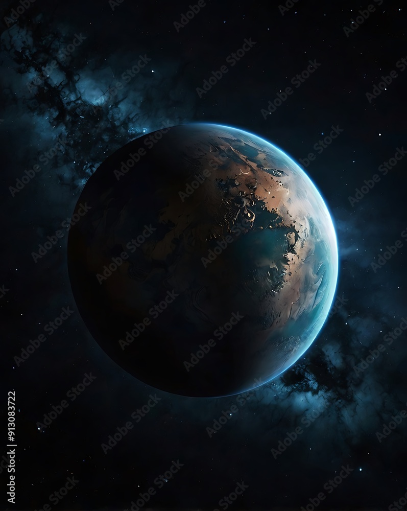 A single planet in endless dark space background illustration, concept of astronomy and fantasy space landscape A single planet in endless dark space background illustration, concept of astronomy and fantasy space landscape