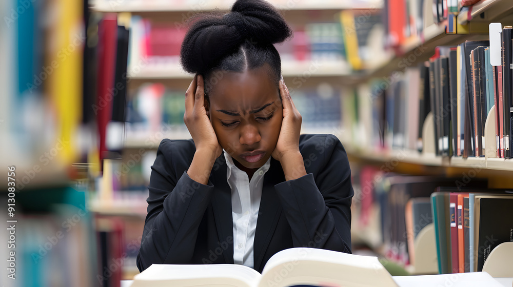 A young black woman in professional attire is sitting in a bright library corner. She holds her head with both hands and looking distressed while reading through a thick textbook. A young black woman in professional attire is sitting in a bright library corner. She holds her head with both hands and looking distressed while reading through a thick textbook.