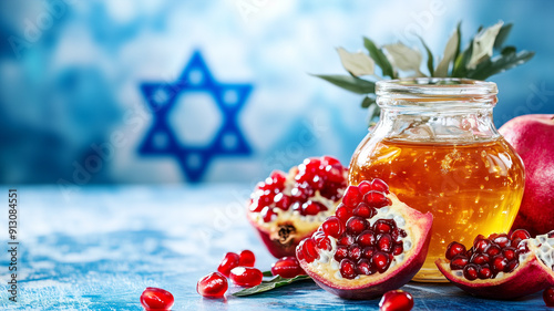 Rosh hashanah, jewish new year holiday, background with pomegranate and honey, traditional food for celebration  photo