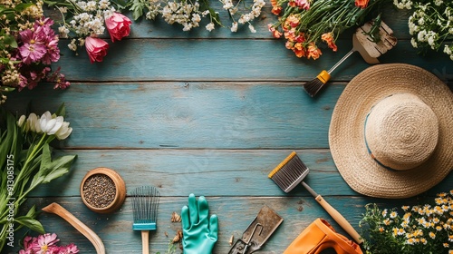 A flat lay of a spring garden with fresh flowers, gardening tools, seeds, and gloves on a wooden surface, capturing the essence of springtime, copy space 