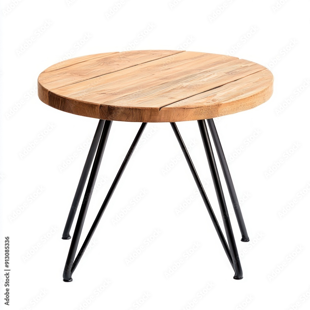 Round Wooden Table with Black Legs Isolated on White Background. Generative ai. Round Wooden Table with Black Legs Isolated on White Background. Generative ai.