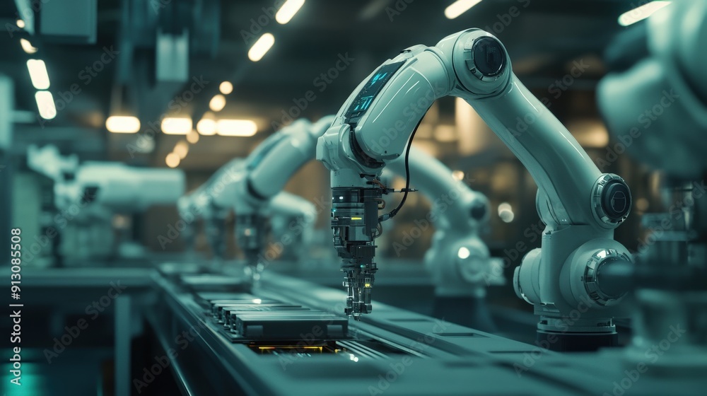 Robotic arms efficiently perform assembly tasks on a production line within a high-tech manufacturing environment Robotic arms efficiently perform assembly tasks on a production line within a high-tech manufacturing environment