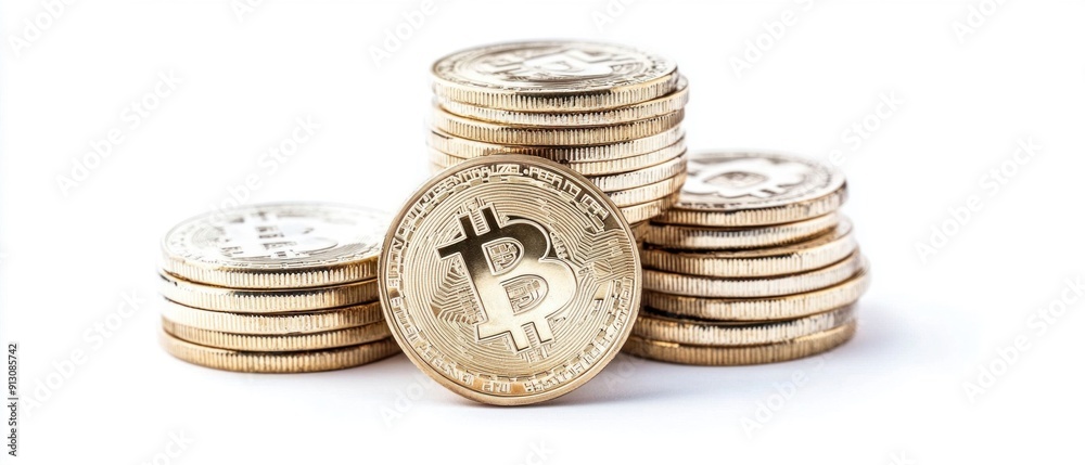 Stacks of Bitcoin Coins on White Background. Generative ai Stacks of Bitcoin Coins on White Background. Generative ai