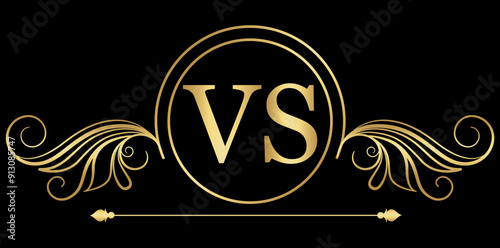Golden VS Letter Floral Design Icon, Versus, Fight, Competition Logo Vector Illustration.	