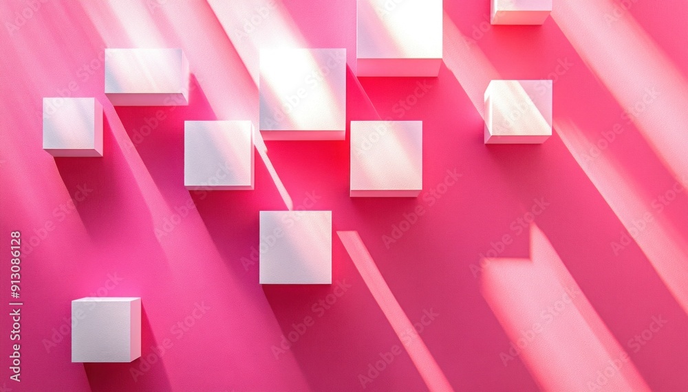 There is a pink background featuring white squares, each with shadows cast upon it, creating depth