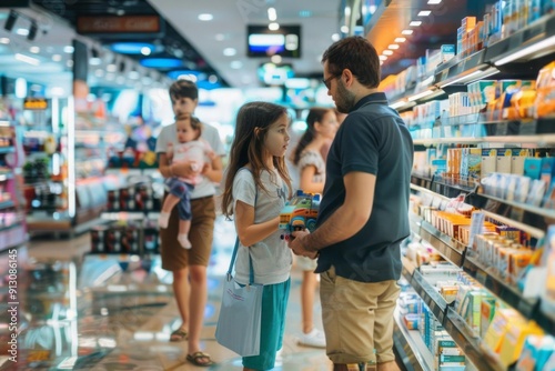 A family happily exploring a duty-free store, shopping