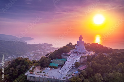 Aerial top view statue big Buddha in Phuket on sunset sky. Concept travel Thailand landmark