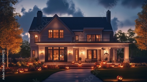 Elegant suburban house featuring minimalistic Halloween decor and warm evening lights photo