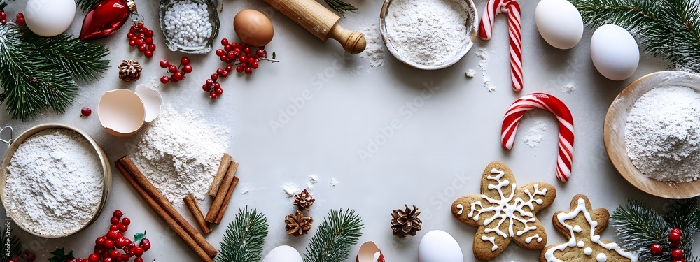 A background with an array of baking ingredients, including flour, eggs, and Christmas decorations, on the right side, leaving space for text in the center area A background with an array of baking ingredients, including flour, eggs, and Christmas decorations, on the right side, leaving space for text in the center area