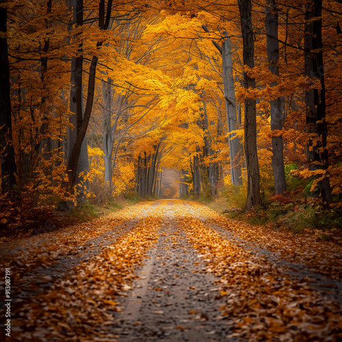 A beautiful path surrounded by trees, showcasing a stunning display of red leaves, inviting a peaceful autumn stroll.