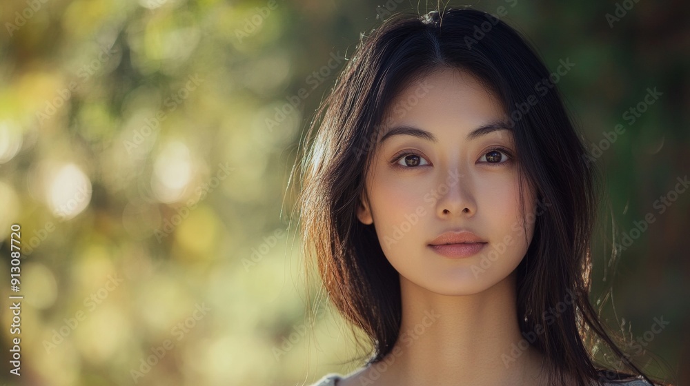 A woman with long dark hair and a serious expression A woman with long dark hair and a serious expression