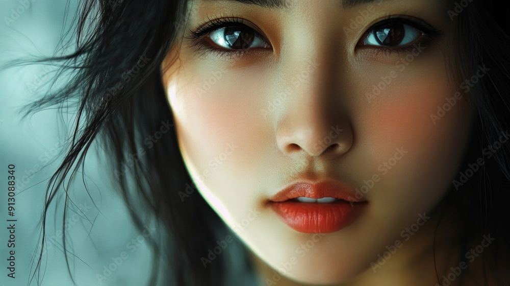 A woman with dark hair and a red lip is staring at the camera A woman with dark hair and a red lip is staring at the camera