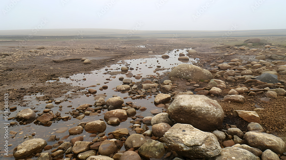 An abandoned quarry with scattered boulders and rainwater-filled craters on a hazy afternoon An abandoned quarry with scattered boulders and rainwater-filled craters on a hazy afternoon