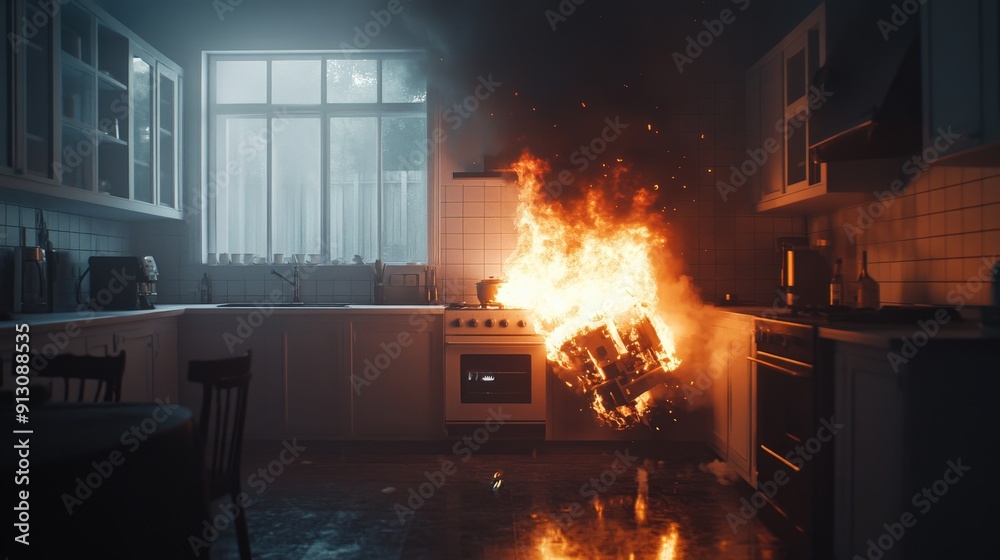 Flames erupt from a stove in a kitchen filled with smoke as dinner preparations go awry in a tranquil home setting Flames erupt from a stove in a kitchen filled with smoke as dinner preparations go awry in a tranquil home setting