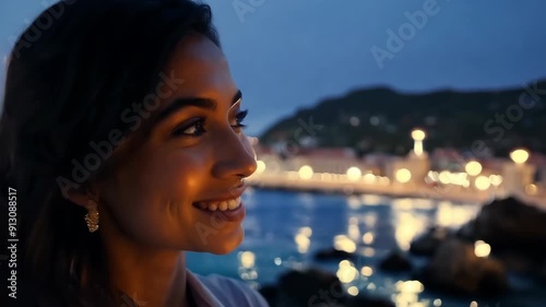 A woman gazes thoughtfully at the shimmering reflections of lights on the water, immersed in a serene moment by the coastal promenade during twilight.