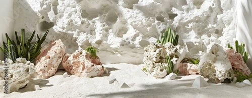 White Sand Desert with Cacti and Rocks photo