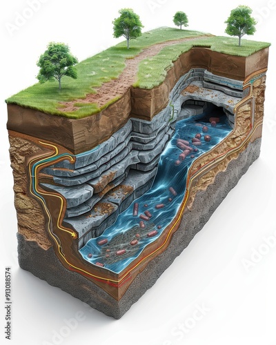 Detailed 3D Model of Contaminated Aquifer System with Remediation Steps and Text-Friendly Zones photo