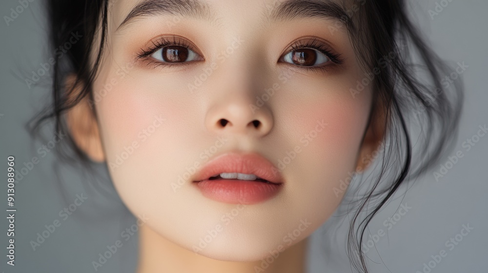 A woman with a light pink lip color and dark hair A woman with a light pink lip color and dark hair