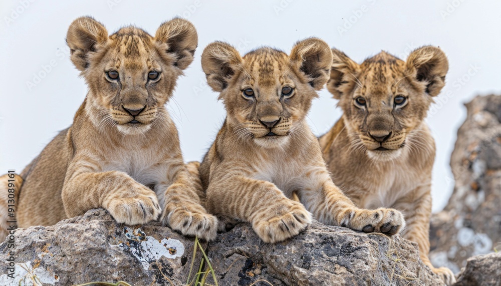 Fototapeta premium Three adorable lion cubs are sitting comfortably on top of a large rock formation nearby