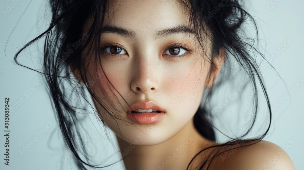 A woman with dark hair and a red lip is looking at the camera A woman with dark hair and a red lip is looking at the camera