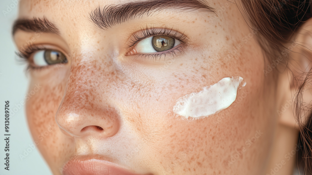 Eye cream advertisement, close-up of girl's eye, smear of eye cream under eye