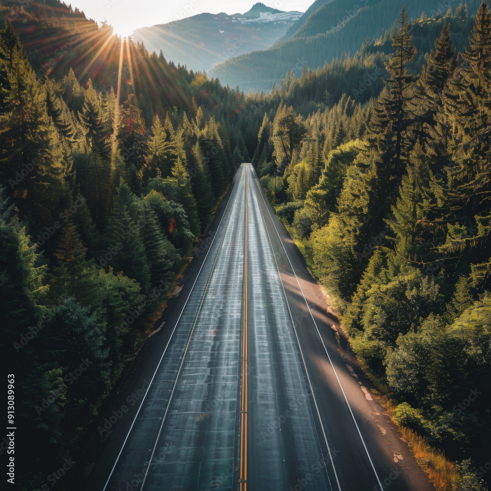 Sunlit Highway Cutting Through a Dense Forest Sunlit Highway Cutting Through a Dense Forest