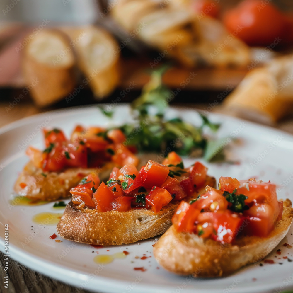 Three Slices of Toasted Bread Topped with Tomato Bruschetta Three Slices of Toasted Bread Topped with Tomato Bruschetta