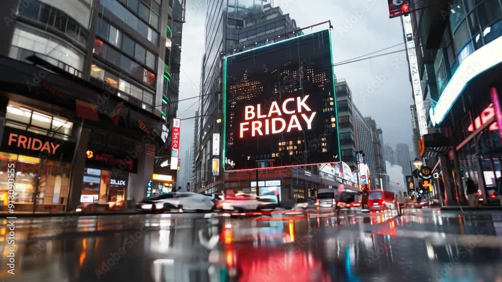 Black Friday advertisement on led screen billboard at bustling modern city area, timelapse. Sales and shopping offers