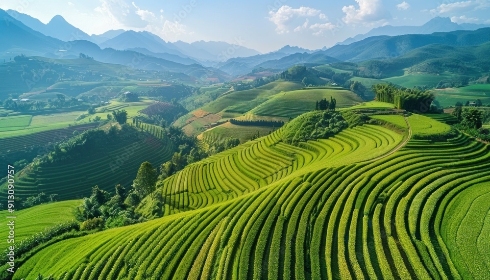 Aerial view of a lush green hillside framed by majestic mountains in the background Aerial view of a lush green hillside framed by majestic mountains in the background