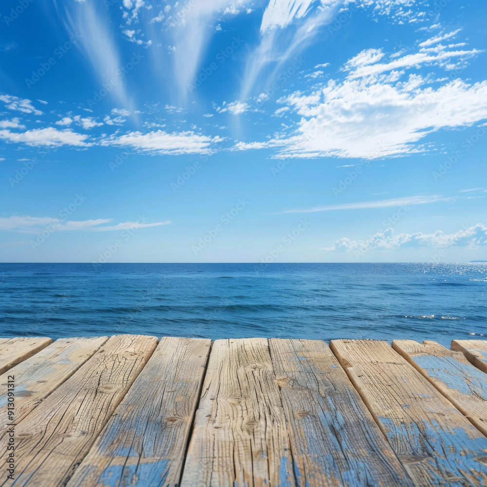 Fototapeta premium Wooden Deck Overlooking a Tranquil Blue Ocean and a Cloud-Filled Sky
