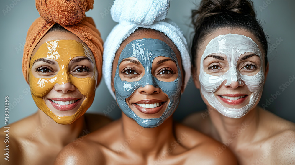 Happy aged female friends isolated on gray background with cosmetic mask on face. Anti-aging cosmetics concept Happy aged female friends isolated on gray background with cosmetic mask on face. Anti-aging cosmetics concept